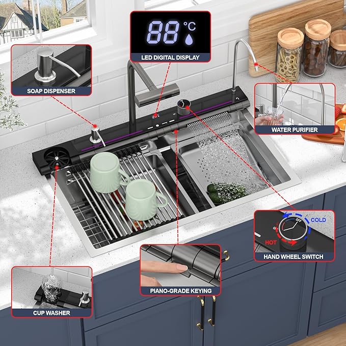30 Inch Smart Waterfall Kitchen Sink - Beslend 30x19 Stainless Steel Drop In Waterfall Sink Topmount Workstation 16 Gauge Modern Sinks Single Bowl with Faucet, Cup Washer and Digital Display