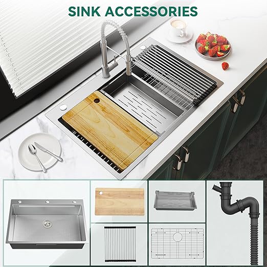 YITAHOME Drop In Kitchen Sink Workstation 33in, 304 Stainless Steel Single Bowl Top Mount Sink w/Ledge & Accessories, Honeycomb Surface Design, 33 x 22 x 10 in, Silver