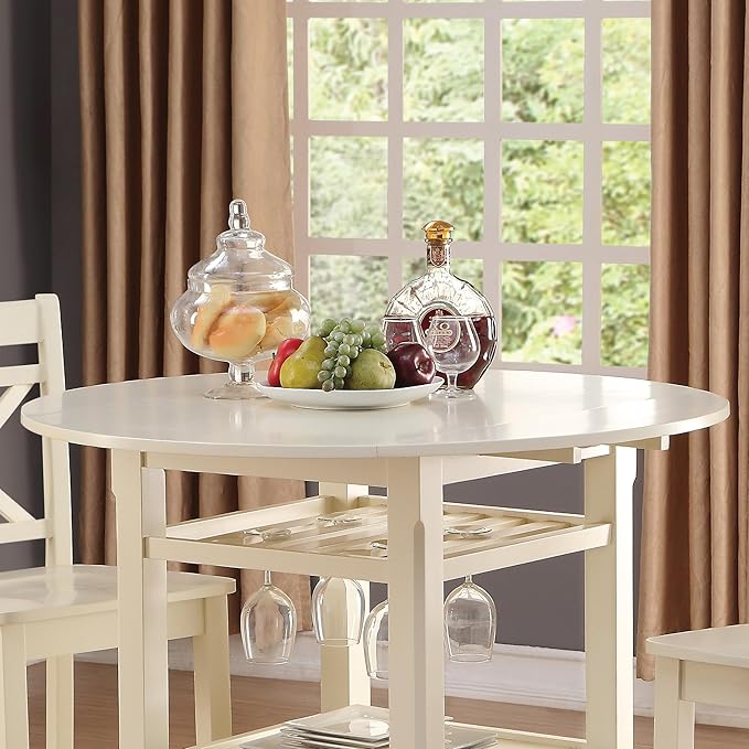 Round Drop Leaf Counter Height Table with Stemware Storage - Cream, 2 Shelves - for Kitchen Islands, Dining Rooms, Small Spaces(Only Include One Table)