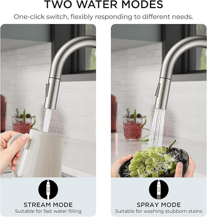 FORIOUS Bar Sink Faucet for Kitchen Sink, Modern Single Handle Kitchen Faucet with Pull Down Sprayer, Brushed Nickel Stainless Steel High Arc with Deck Plate for 1 or 3 Hole, Suitable for Bathroom RV