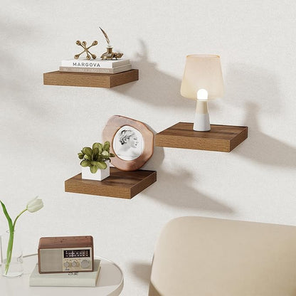 Fun Memories Square Floating Shelves for Wall, 9.3" W x 9.3" D x 1.4" H, Shelves for Wall with Invisible Brackets, Small Wood Storage Shelves for Kitchen, Living Room, Bedroom, Set of 3(Walnut)