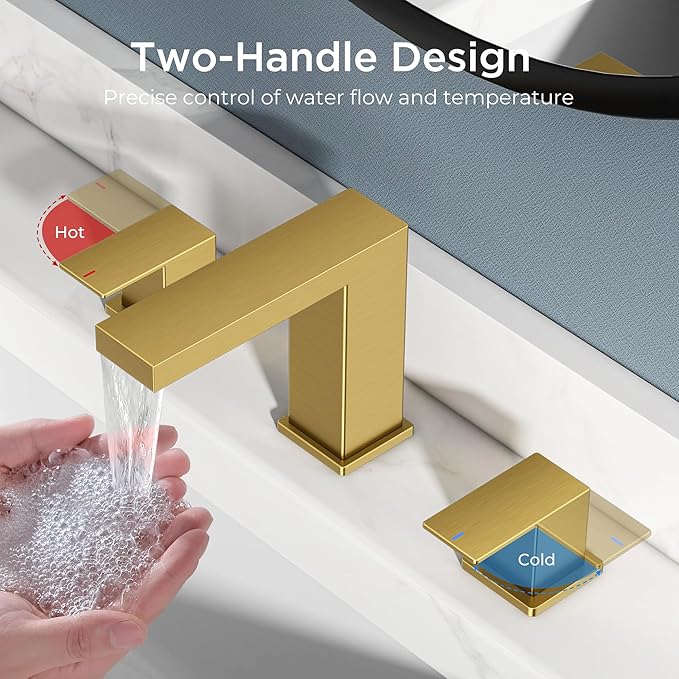 FORIOUS Brushed Gold Bathroom Faucet 3 Hole, 8 Inch Widespread Waterfall Bathroom Sink Faucet Gold with Metal Pop-Up Drain and cUPC Supply Lines Included for Restroom, Lavatory, Vanity Sink