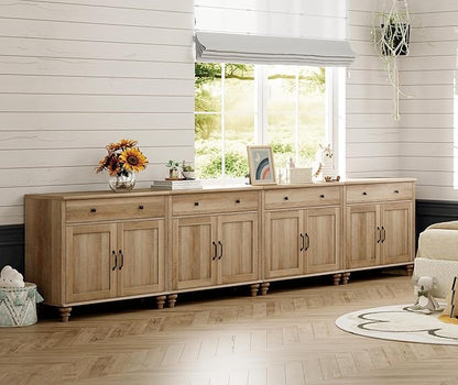WAMPAT Large Buffet Cabinet with 8 Doors and 4 Drawers, Modern Coffee Bar Table Wood Kitchen Storage Cabinets, Farmhouse Sideboard Credenza for Dining Room, Oak, 134 inch