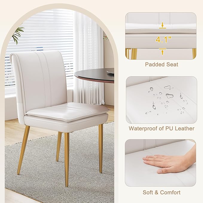 VECELO Upholstered PU Dining Chairs Set of 4, Kitchen Chairs with Padded Seat for Living Room, Dining Room, High Back and Steel Legs, Easy Assembly, White