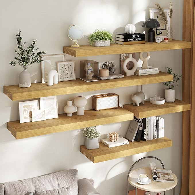 Marsmiles 12" Deep Floating Shelves for Wall with Invisible Brackets, Wall Mounted Engineered Wood Shelves with Wood Grain for Living Room, Bedroom, Kitchen Decor and Storage, 36" L Set of 1, Oak