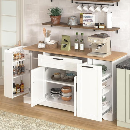 Modern Kitchen Island with Extendable Dining Table, Multi-Functional Storage Sideboard with Adjustable Shelves and 3-Tier Pull-Out Rack, Islands Cart for Kitchen, Dining Room, Living Room (White)