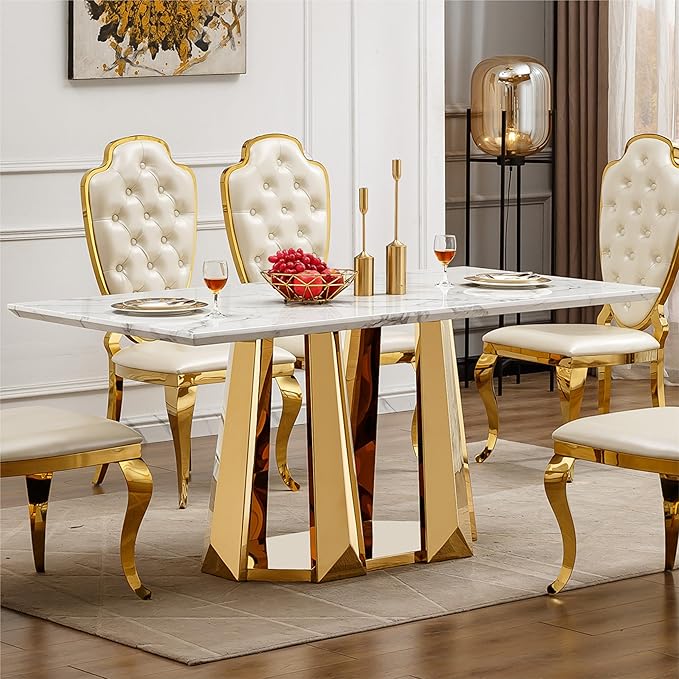 70" Marble Dining Table for 6-8, Modern Luxury Gold Rectangular Large Kitchen Table, Marble Grain MDF Tabletop & Stainless Steel Base, Dinner Furniture for Kitchen Dining Room, Meeting Room, White