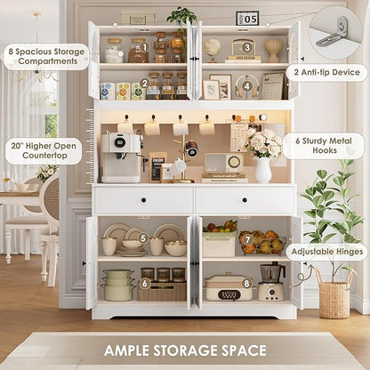 HIFIT 71" LED Kitchen Pantry Cabinet with Power Outlet, Large Kitchen Hutch Storage Cabinet with Arched Door & Shelves & 2 Drawers, Tall Modern Coffee Bar with Hutch for Home Dining Living Room, White