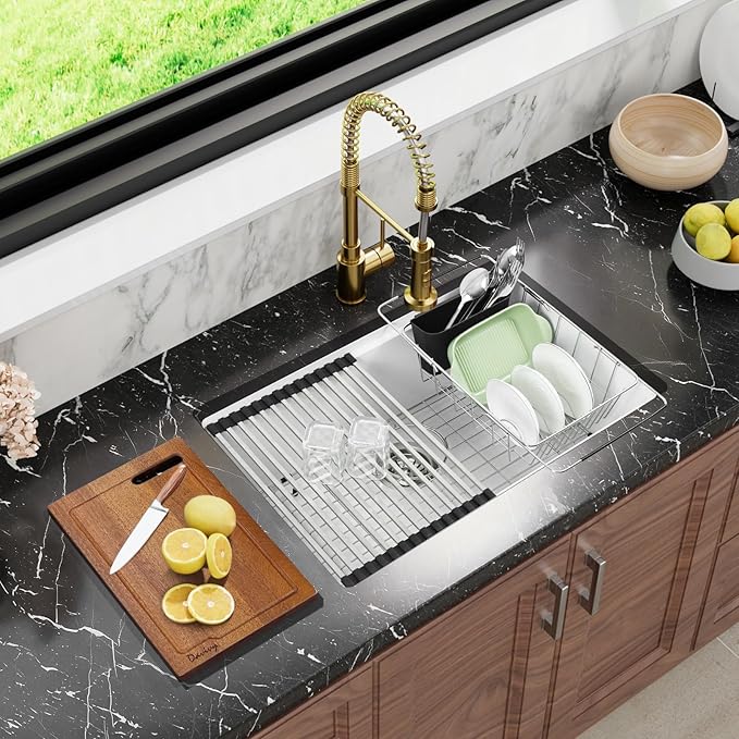 Davivy White Undermount Kitchen Sink 27 Inch, 27 x 18 Dual Mount Granite Composite Workstation Kitchen Sink, Deep Single Bowl with Accessories