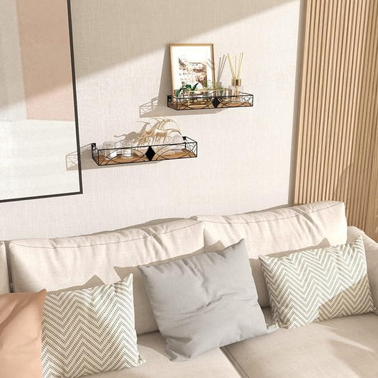 MEBRUDY Floating Shelves Set of 2, Rustic Wall Shelves with Rhombic Style for Living Room, Bedroom, Bathroom, Kitchen
