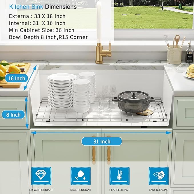 White Undermount Kitchen Sink 33 X 18 inch,Granite Composite Kitchen Sink Offset Drain,Undermount/Drop In Kitchen Sinks with Workstation,Large Single Basin (White, 33" X 18")