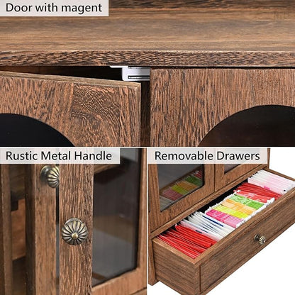 Ikee Design Wooden Countertop Storage Cabinet with Magnetic Door, Adjustable Shelves, Removable Hooks and Drawer for Perfume, Makeup, Pantry, Brown Color, 12.2 W x 6 D x 15.7 H in