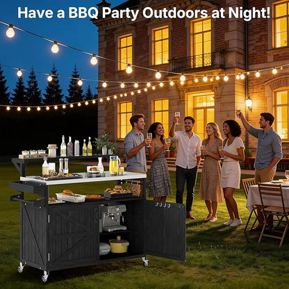 Zevemomo Outdoor Grill Cart with Raised Shelf, Stainless Steel Tabletop Outdoor Kitchen Island, Outdoor Buffet Cabinet with Lockable Wheels, Internal Storage Rack, Spice Rack for Grilling, Black