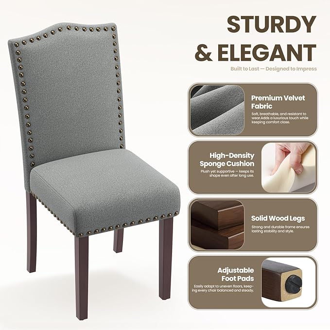 COLAMY Grey Upholstered Parsons Dining Chairs Set of 4,Comfortable Foam Seat, Classic Nailhead Trim, Solid Wood Legs, Stable & Easy to Assemble for Dining Room, Kitchen, Living Room & Café