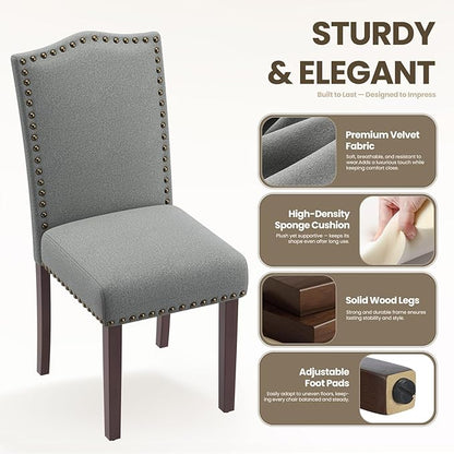 COLAMY Grey Upholstered Parsons Dining Chairs Set of 4,Comfortable Foam Seat, Classic Nailhead Trim, Solid Wood Legs, Stable & Easy to Assemble for Dining Room, Kitchen, Living Room & Café
