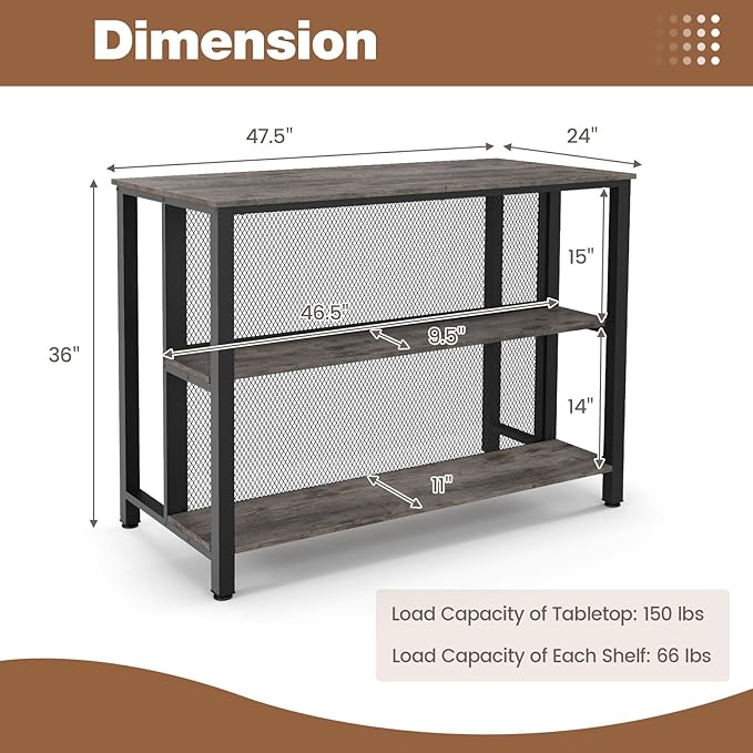 COSTWAY Home Bar Unit, 3-Tier Bar Table with Storage Shelves, Metal Frame, Adjustable Foot Pads, Breakfast Corner Bar Cabinet for Kitchen Island Dining Room (Grey)