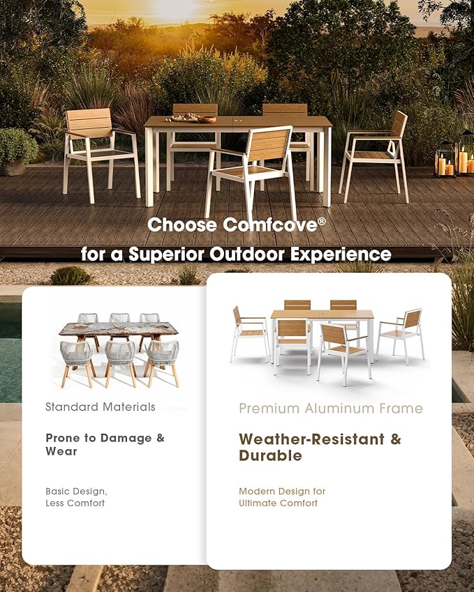 Outdoor Dining Set for 4, Aluminum Patio HDPS Outdooor Table and Chairs Set with Umbrella Hole, All Weather Patio Furniture Set, 5 Peice Patio Dining Table Set (White & Teak)