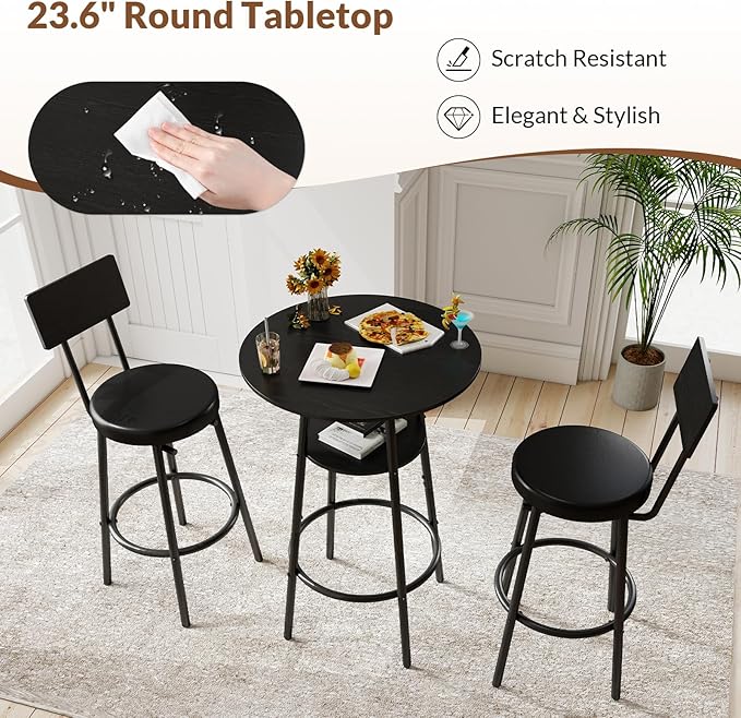 Zevemomo 3 Pieces Round Bar Table Set, Small Dining Table for 2, Black Kitchen Bar Table, Breakfast Table with Storage, 2 Thickened Cushion Stools with Backrest for Dining Room & Bistro-Black