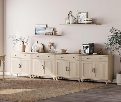 WAMPAT Buffet Cabinet with 8 Doors and 4 Drawers, Large Coffee Bar Table Wood Kitchen Storage Cabinets with Storage Cabinets, Modern Farmhouse Sideboard Credenza for Dining Room, Beige, 136 inch