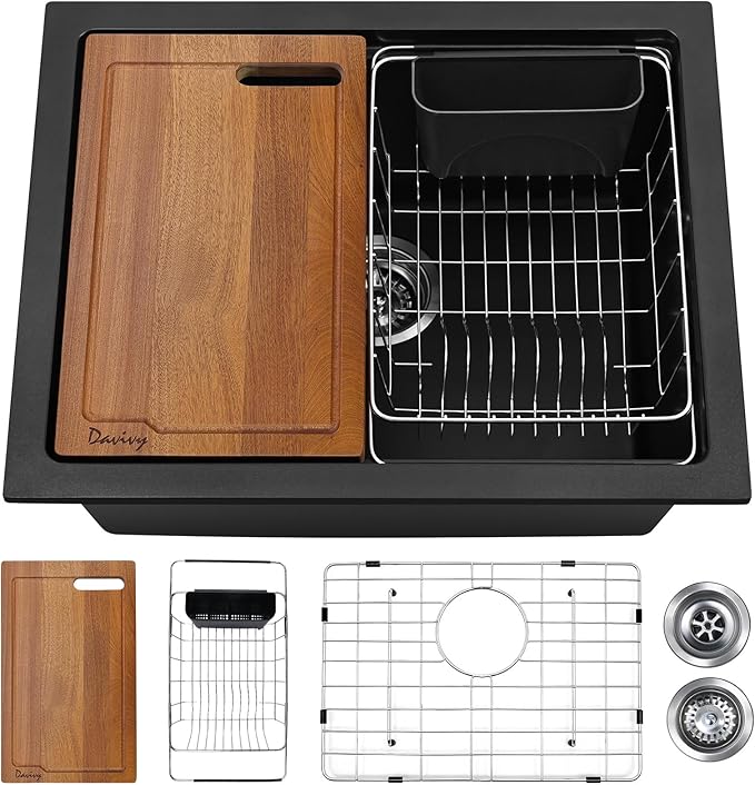 Davivy 22 Inch Black Granite Composite Kitchen Sink Workstation, 22 x 18 Black Undermount/Drop In Kitchen Sink, Deep Quartz Single Bowl with Accessories