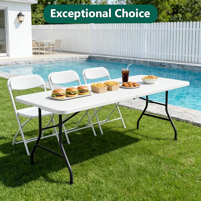 6ft Folding Table with Handle, Heavy Duty Plastic Table, 300 lbs Portable Table, Reinforced Steel Legs, High Density Plastic, Ideal for Parties, Picnics, Weddings, Camping White