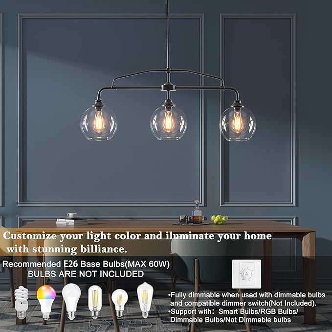 Modern Linear 3-Light Black Chandelier with Framed Arms, Industrial Kitchen Island Pendant Light Fixture with Clear Glass Globes, Ceiling Bar Lighting for Dining Table, Pool Table