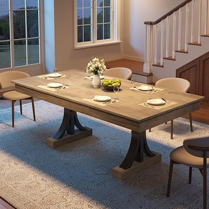 Garvee 71-Inch Wooden Dining Table with 2 Drawers, Rectangular Dining Table w/Large Tabletop & Double Pedestal, Large Kitchen Table for 6-8 with Sturdy Frame, for Dining Room, Kitchen, Rustic Gray