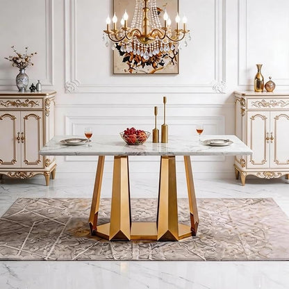 70" Marble Dining Table for 6-8, Modern Luxury Gold Rectangular Large Kitchen Table, Marble Grain MDF Tabletop & Stainless Steel Base, Dinner Furniture for Kitchen Dining Room, Meeting Room, White