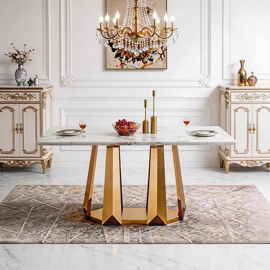 70" Marble Dining Table for 6-8, Modern Luxury Gold Rectangular Large Kitchen Table, Marble Grain MDF Tabletop & Stainless Steel Base, Dinner Furniture for Kitchen Dining Room, Meeting Room, White