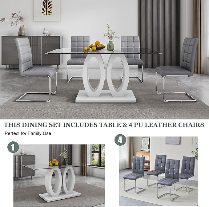 5-Piece Glass Dining Table Set, 63" White Kitchen Table with O-Shape MDF Base, Dining Room Set for 4 with 4 Leather Upholstered Chair for Kitchen, Dining Room (Gray,Silver)