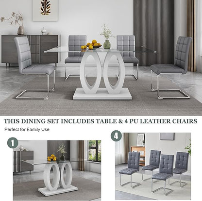 5-Piece Glass Dining Table Set, 63" White Kitchen Table with O-Shape MDF Base, Dining Room Set for 4 with 4 Leather Upholstered Chair for Kitchen, Dining Room (Gray,Silver)