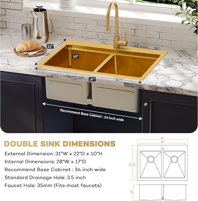 MILOSEN Gold Double Bowl Kitchen Sink, 31''x22'' Gold Workstation Sink 50/50 Topmount Double Basin with Accessories, Drop in 16 Gauge T304 Stainless Steel Sinks,10'' Deep and Large Handmade Sink