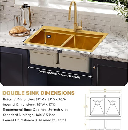 MILOSEN Gold Double Bowl Kitchen Sink, 31''x22'' Gold Workstation Sink 50/50 Topmount Double Basin with Accessories, Drop in 16 Gauge T304 Stainless Steel Sinks,10'' Deep and Large Handmade Sink