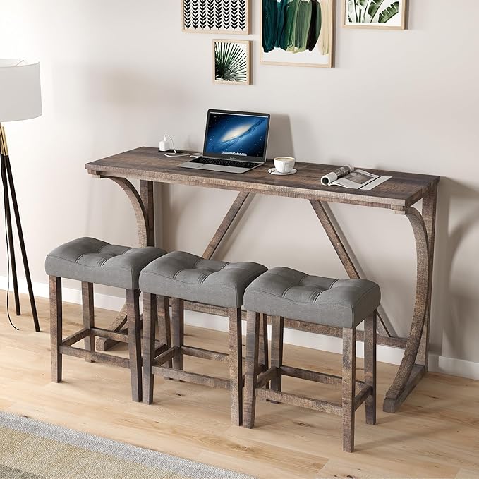 Betoko Counter Height Table Set with Stools, Breakfast Nook Bar Set, Dining Room Table and Chairs, Outlet Included, Brown Yellow