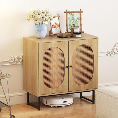 Giantex Rattan Sideboard Buffet Cabinet with Storage, Boho Sideboard with Doors & Adjustable Shelf, Small Accent Buffet Storage Cabinet with Metal Legs for Kitchen, Living Room, Entryway, Natural