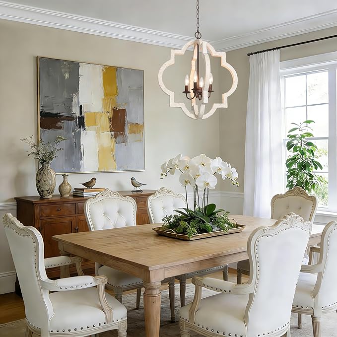 LALUZ Farmhouse White Wood Chandelier, Rustic 4-Light Distressed Pendant Light with Rust Brown Metal Frame, French Country Lighting Fixtures Adjustable Height for Dining Room, Kitchen Island, Foyer