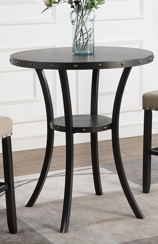36" Round Bar Table Espresso Finish with Nail-Head Trim, Wood Look Coffee Bean Top, Curved Metal Legs, 42" Height Bistro Table for Kitchen Island Home Bar Cafe