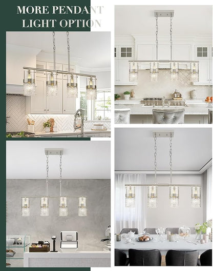 LMS 4-Light Brushed Nickel Island Chandelier Lights for Kitchen, Mid Century Pendant Light with Hammered Glass Shade, Farmhouse Dining Room Light Fixture, Kitchen Island, LMS-171BN-4