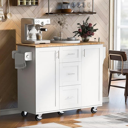 RUNNA Rolling Kitchen Island with Storage, White09, 3 Drawer, 2 Slide-Out Shelf, Internal Storage Rack, Kitchen Cart on Wheels with Spice Rack & Tower Rack