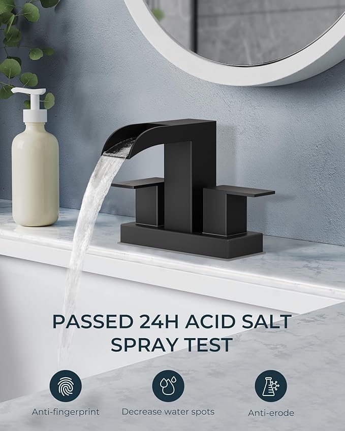FORIOUS Square Black Bathroom Faucets for 2 Hole or 3 Hole, Waterfall 4 Inch Centerset Bathroom Sink Faucet with Metal Pop-up Drain and Supply Lines, Two Handles for Vanity, Laundry Room, Basin