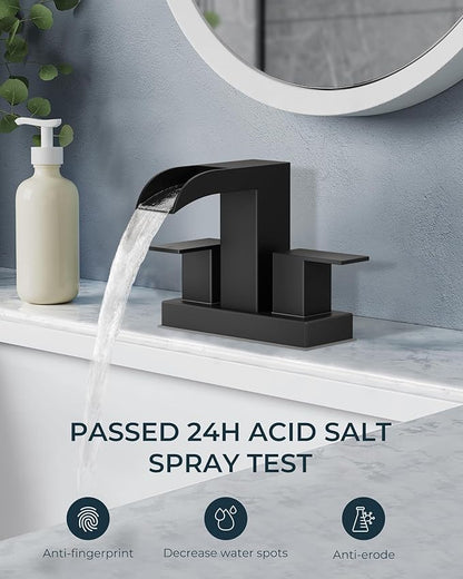 FORIOUS Square Black Bathroom Faucets for 2 Hole or 3 Hole, Waterfall 4 Inch Centerset Bathroom Sink Faucet with Metal Pop-up Drain and Supply Lines, Two Handles for Vanity, Laundry Room, 2 Pack
