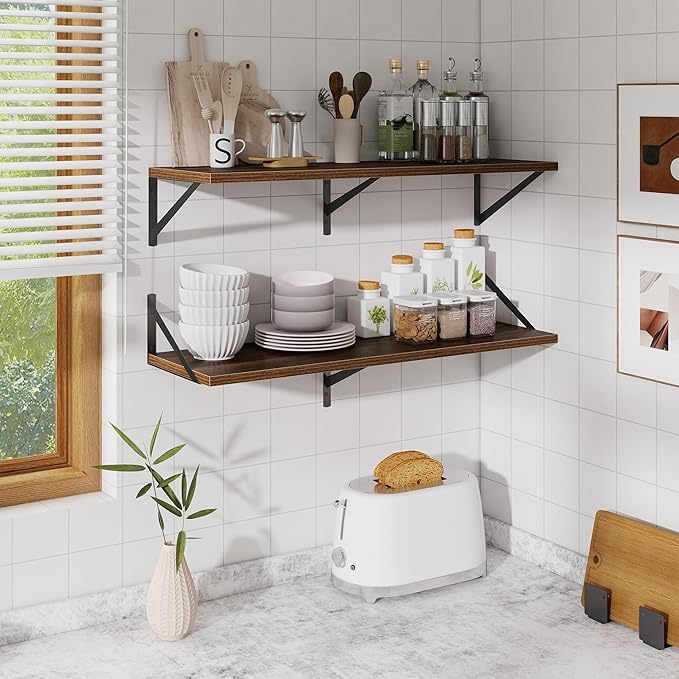 Acovy Walnut Deep Floating Shelves for Wall,36" Wx10 D Wood Wall Shelves with Metal Brackets,Hanging Storage Floating Shelf for Living Room,Bedroom,Bathroom,Office,Kitchen