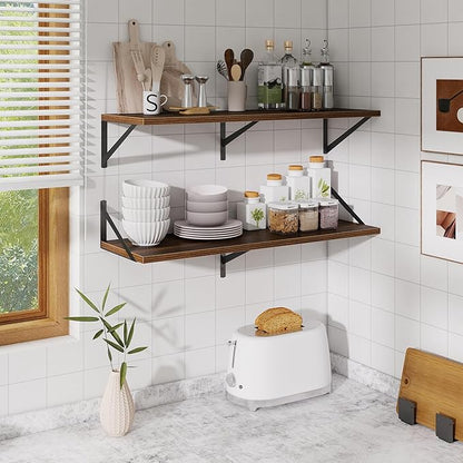 Acovy Walnut Deep Floating Shelves for Wall,36" Wx10 D Wood Wall Shelves with Metal Brackets,Hanging Storage Floating Shelf for Living Room,Bedroom,Bathroom,Office,Kitchen