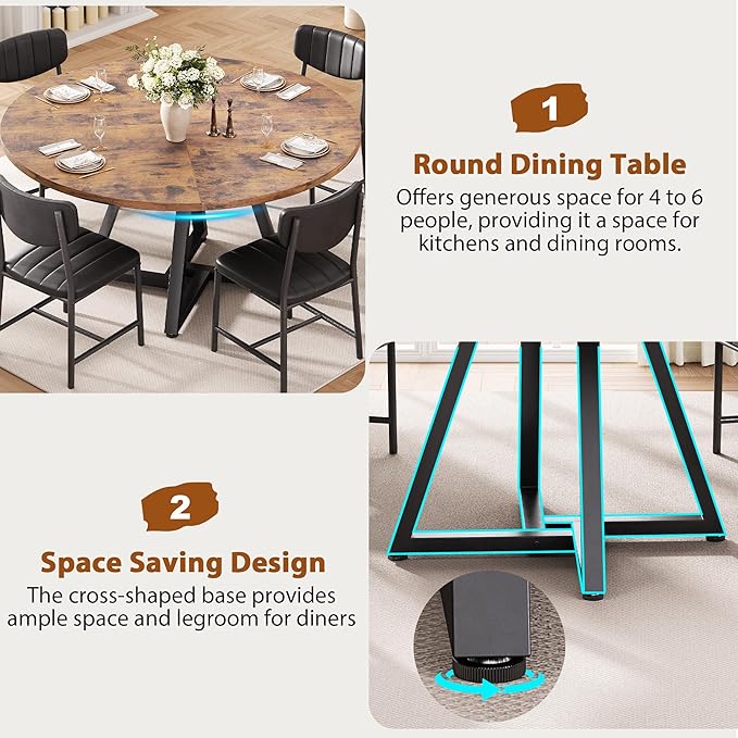 Jocoevol 51“ Round Kitchen Dining Room Table for 6-8, Circle Dining Dinner Table with Pedestal Metal Frame, Space Saving Wood Industrial Furniture for Small Space (Rustic Brown)