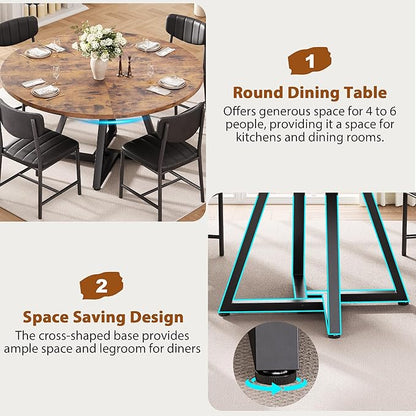Jocoevol 51“ Round Kitchen Dining Room Table for 6-8, Circle Dining Dinner Table with Pedestal Metal Frame, Space Saving Wood Industrial Furniture for Small Space (Rustic Brown)