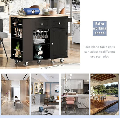 Ball & Cast Kitchen Island with Power Outlet,Kitchen Island with Drop Leaf and Rubber Wood,Open Storage and Wine Rack,5 Wheels,W/Adjustable Storage for Home,Kitchen,Dining Room,Black,40"