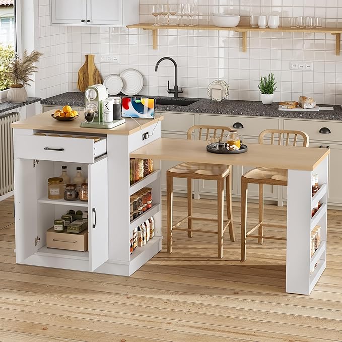 SOFTSEA Extendable Dining Table with Drawer & Shelves, 33" to 80" Kitchen Island Table with USB Ports, Foldable Kitchen Cabinet for Dining Room Living Room, White & Natural