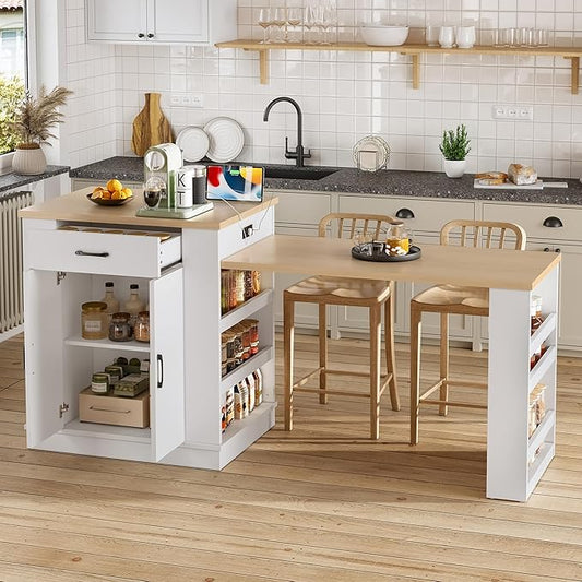 Modern Extendable Dining Table with Drawers, Kitchen Island with Double-Door Cabinet and Open Shelving, Serves as Dining Table, Temporary Breakfast Bar, and Afternoon Tea Lounge (White/52c)