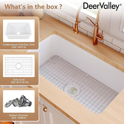 DeerValley Undermount Kitchen Sink 32 inch, White Fireclay Farmhouse Sinks, Single Bowl Deep Drop-in Kitchen Sink with Bottom Grid & Strainer, Heavy Duty Solid Fireclay