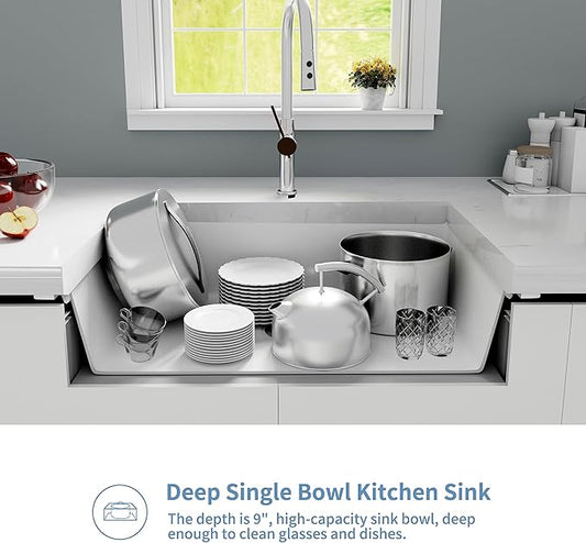White Kitchen Sink, White Granite Composite Kitchen Sinks with Accessories, 30 Inch Undermount Quartz Stone Kitchen Sink, 30" x 19" x 9" Large and Deep Single Bowl Kitchen Sinks